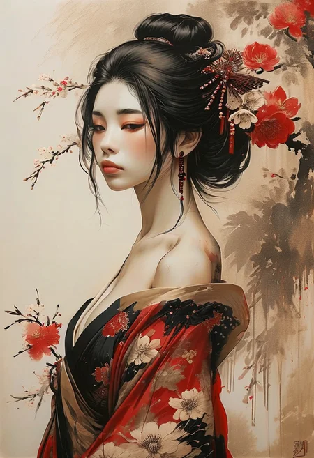 ink illustration, (anime:0.5), brown tones, aged paper, inkpunk, brush strokes, by Alena Aenami and [Bill Carman|Kelly Vivanco] in the style of [J. Scott Campbell:Martiros Saryan:0.25],
japanese folklore, geisha evoking a sense of true sadness, (off shoulder kimono, exposed breasts, nipple), portrait, deep black and rich red ink,