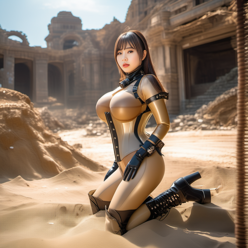 Wasteland:1.3, sun, ruins, big oppai:1.5(Idol Girl)(slim waistline),giant manga sized breasts, (beige transparent latex suite) (full body),one Japanese asian, sexy (Professional photography, 4k),realistic, boots,  <lora:LatexXL:1>