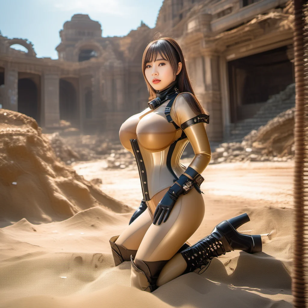 Wasteland:1.3, sun, ruins, big oppai:1.5(Idol Girl)(slim waistline),giant manga sized breasts, (beige transparent latex suite) (full body),one Japanese asian, sexy (Professional photography, 4k),realistic, boots, <lora:LatexXL:1>