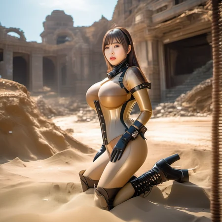 Wasteland:1.3, sun, ruins, big oppai:1.5(Idol Girl)(slim waistline),giant manga sized breasts, (beige transparent latex suite) (full body),one Japanese asian, sexy (Professional photography, 4k),realistic, boots,  <lora:LatexXL:1>