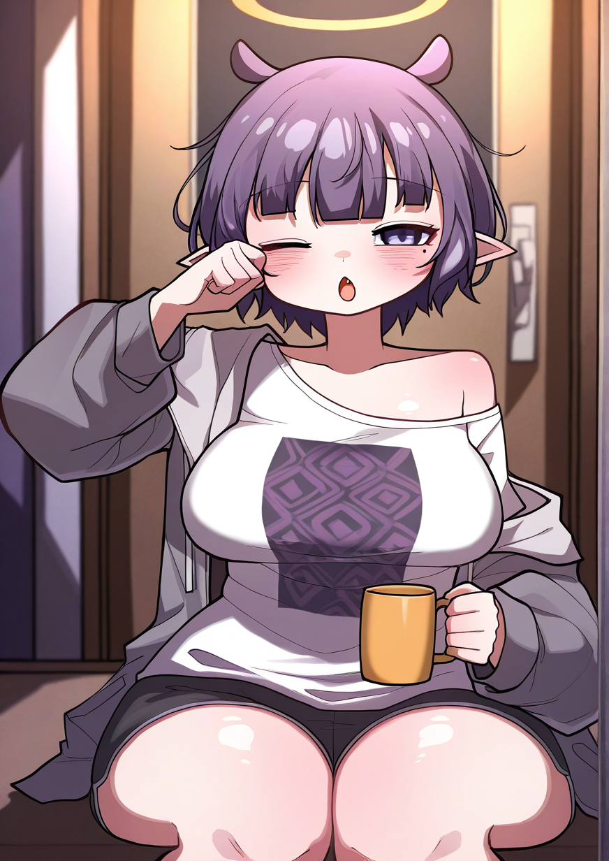 <lora:mandugaeCHONGDUGAE:1>,1girl, ninomae ina'nis, ninomae ina'nis (loungewear), detailed background, huge breasts, wide hips, :o, black shorts, blunt bangs, blurry, blurry background, blush, chestnut mouth, collarbone, cup, door, drawstring, eyelashes, fang, grey jacket, hallway, hand up, holding, holding cup, indoors, jacket, long sleeves, looking at viewer, mole, mole under eye, mug, off shoulder, official alternate costume, one eye closed, open clothes, open jacket, open mouth, pointy ears, print shirt, puffy long sleeves, puffy sleeves, purple eyes, purple hair, rubbing eyes, shirt, short hair, short shorts, short sleeves, shorts, sidelocks, single bare shoulder, sitting, sleepy, solo, t-shirt, white shirt, 
very awa, masterpiece, best quality, highres, absurdes,amazing quality