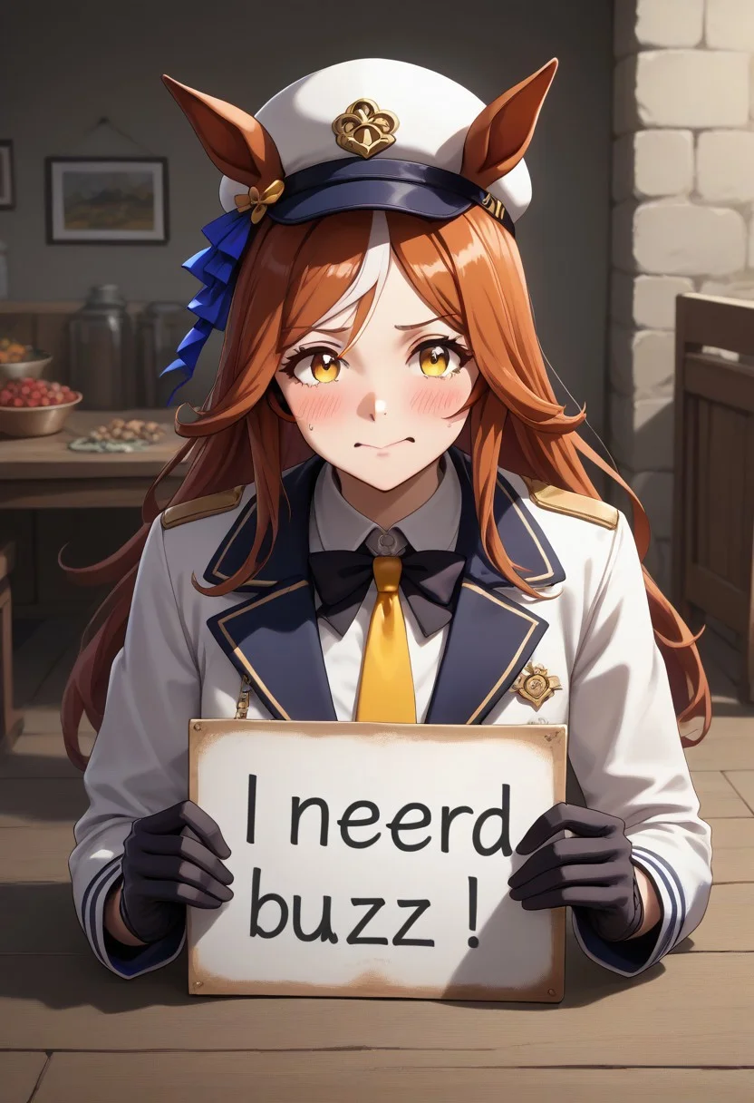 ( Latex,manhattan_cafe_(umamusume), ,(need_buzz, holding sign)1girl, need_buzz, holding sign with another hand ,yellow_necktie,black long hair ,white_gloves, : 1.3), fake smile, nervous sweat, wavy mouth, squatting, looking at viewer, very awayellow eyes,pants, ear_covers, gloves, hat, horse_ears, horse_girl, horse_tail, jacket, , long_hair, , mismatched_gloves, , tail, two-tone_bow, two-tone_bowtie, white_hair, white_hat, white_jacket, white_skirt, Herbs Morph