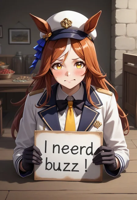 ( Latex,manhattan_cafe_(umamusume), ,(need_buzz, holding sign)1girl,  need_buzz, holding sign with another hand ,yellow_necktie,black long hair ,white_gloves,  : 1.3), fake smile, nervous sweat, wavy mouth, squatting, looking at viewer, very awayellow eyes,pants, ear_covers, gloves, hat, horse_ears, horse_girl, horse_tail, jacket, , long_hair, , mismatched_gloves, , tail, two-tone_bow, two-tone_bowtie,  white_hair, white_hat, white_jacket, white_skirt, Herbs Morph