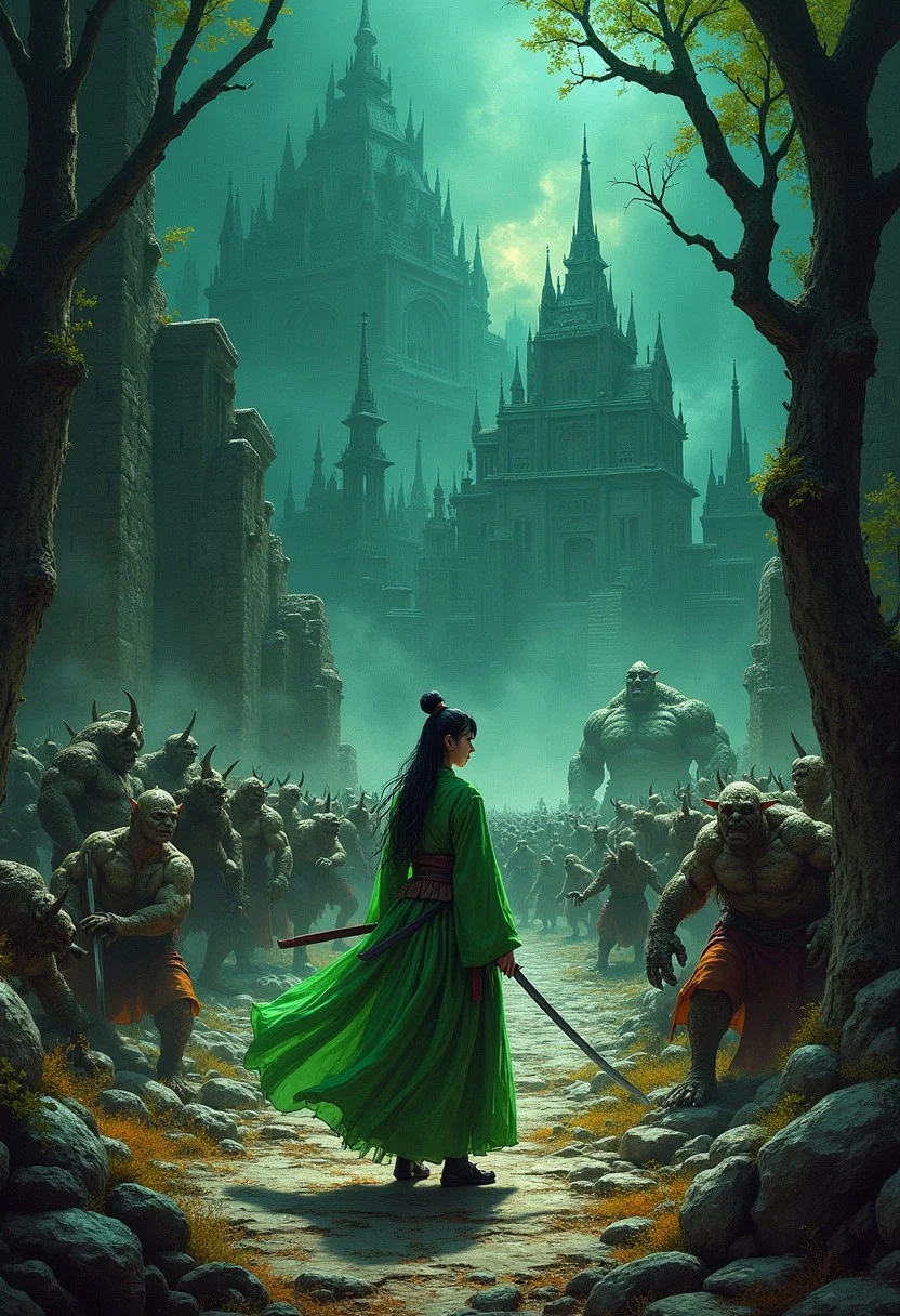 Epic dark fantasy vibrantly colored hyperdetailed ink art depicting legendary defiance against impossible odds. A vast pitch-black ruined cityscape is infested with a crowd of hyperaggressive berserking orcs and giant ogres, trolls, and earth golems. Goblins are scaling the trees. The horde approaches a valiant beautiful lone samurai clad in vivid toplit gossamer robes. The scene focuses on a close-up a badass heroine with her katana. She has a innocent yet determined face as she musters the needed courage. Her bright green robes catch the light, complementing the dark earthen tones of the scene. Strong top lighting effect. Volumetric lighting. Chiaroscuro oil painting by Caravaggio. Deep glow effect, cinematic light bloom, cinematic lens flare. Grimdark, gritty, intense, volatile. Hypermaximalism. Motion blur. Full-frame fisheye lens.