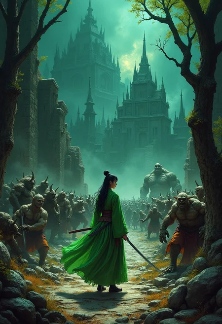 Epic dark fantasy vibrantly colored hyperdetailed ink art depicting legendary defiance against impossible odds. A vast pitch-black ruined cityscape is infested with a crowd of hyperaggressive berserking orcs and giant ogres, trolls, and earth golems. Goblins are scaling the trees. The horde approaches a valiant beautiful lone samurai clad in vivid toplit gossamer robes. The scene focuses on a close-up a badass heroine with her katana. She has a innocent yet determined face as she musters the needed courage. Her bright green robes catch the light, complementing the dark earthen tones of the scene. Strong top lighting effect. Volumetric lighting. Chiaroscuro oil painting by Caravaggio. Deep glow effect, cinematic light bloom, cinematic lens flare. Grimdark, gritty, intense, volatile. Hypermaximalism. Motion blur. Full-frame fisheye lens.