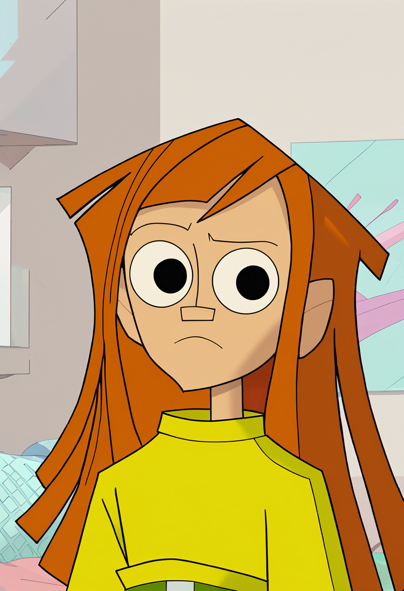 <lora:TwelveForever_Reggie_Pony:1.2>, reggie \(endless\), reggie \(twelve\), :t, reggie, twelve forever, 1girl, solo, orange hair, long hair, black eyes, bangs, on a haystack, masterpiece, best quality, score_9, score_8_up, score_7_up