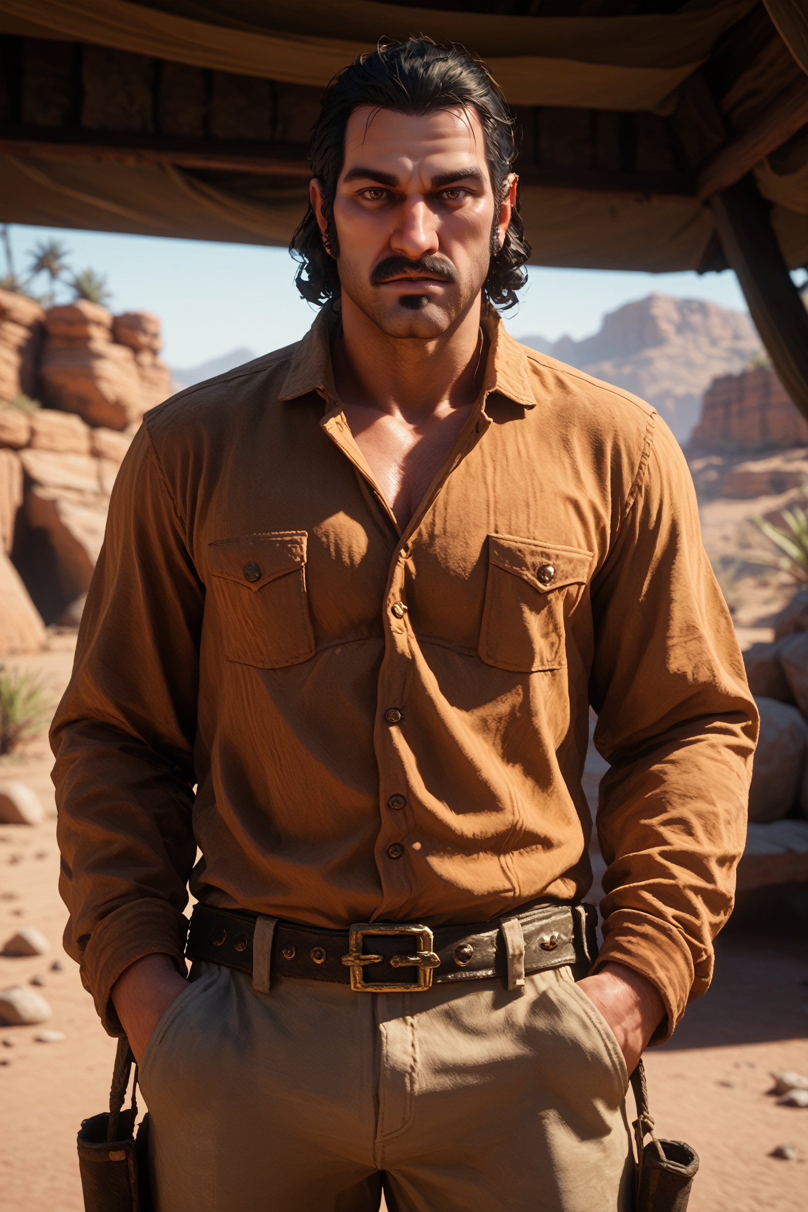 score_9, score_8_up, score_7_up,
<lora:RDR2Dutch:0.8>
RDR2Dutch, 1boy, black hair, brown eyes, facial hair, beard, looking at viewer, Desert canyon with dramatic lighting, rugged and grand, Hands in pockets
