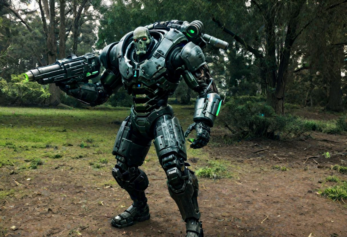 solo,full body,outdoors, a cybermutant with an arm cannon wandering through a parl