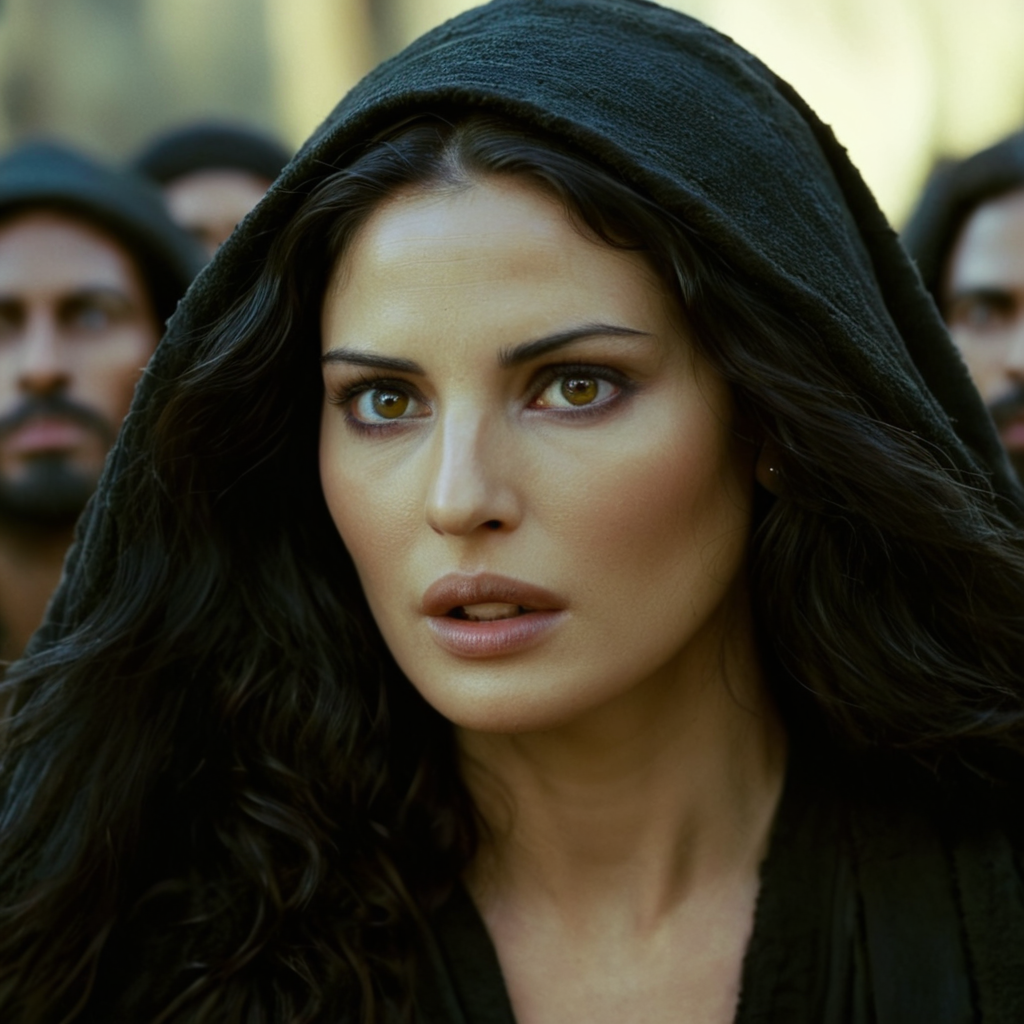 cinematic film still of cinematic film still of  <lora:add-detail-xl:0.1>1
<lora:detailed:0.2>
<lora:perfection style:0.2>
<lora:eyetune:0.5>
 <lora:xl_more_art-full_v1:0.3>
 <lora:Ron Fricke style:0.3>
 <lora:The Passion of the Christ style:0.9>
 <lora:TeethXL:1>
In the 1st century ancient history, an epic dramatic cinematic photo of a mary magdalene flying hair woman with a black shirt and a black hat,1girl,solo,long hair,looking at viewer,black hair,hat,parted lips,teeth,blurry,black eyes,lips,black headwear,blurry background,realistic ,horror movie themed, sharp, detailed, epic photography, artistic, dramatic light, cinematic style, film style, The Passion of the Christ style, shallow depth of field, vignette, highly detailed, high budget, bokeh, cinemascope, moody, epic, gorgeous, film grain, grainy