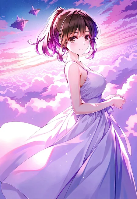 safe_pos, 1girl, misaki kurehito, Megumi,brown hair,katou megumi,brown eyes,medium breasts,ponytail, short hair,
dreamscape theme, floating island, surreal sky, wearing a soft, flowing white gown ,silver accents that shimmer like stardust, glowing orbs ,stars scattered in the sky, soft smile, the ground beneath her covered in delicate flowers, pastel tones and soft lighting, a dreamy and otherworldly atmosphere, soft clouds in the background, peaceful and serene vibe, wide-angle shot, magical, infinite perspective,
masterpiece,best quality,high quality,good quality,newest,((detailed eyes))
