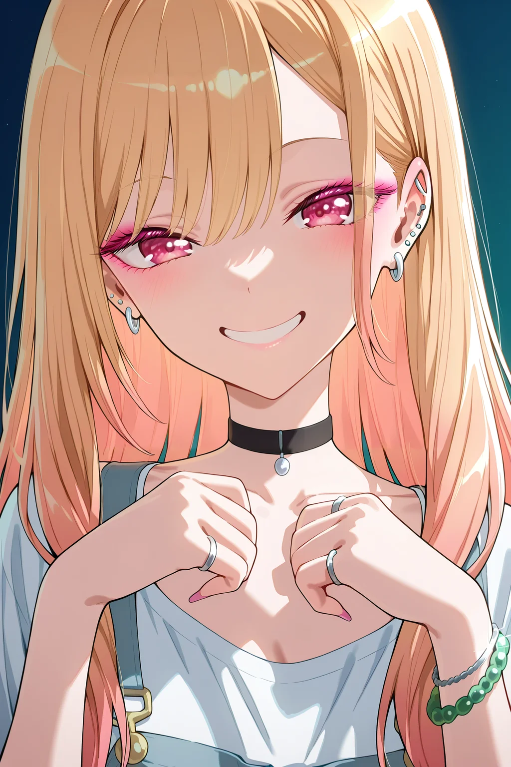 kitagawa marin, anime style, ultra detailed, high quality, far side low key light, high chroma, ear bone piercing earrings, pierced ears, gradient hair, white shirt, multiple rings, pink hair, looking at viewer, long hair, pink nails, collarbone, gradient background, ring, fingernails, blonde hair, shirt, red eyes, straight-on, eyebrows hidden by hair, hair between eyes, simple background, jewelry, bracelet, smile, ear piercing, parted lips, multicolored hair, choker, black eyes, portrait, black choker, red hair, black hair,A young girl with long blonde hair and pink eyes. she has a big smile on her face and is looking directly at the camera. her hair is styled in loose waves and falls over her shoulders. she is wearing a white tank top and has multiple rings on her fingers. the background is plain white. the overall mood of the image is cheerful and playful.masterpiece, best quality, very aesthetic, highres, incredibly absurdres
<lora:hinaKitagawaMarin_wifu_v5-x215c7-70k:1>