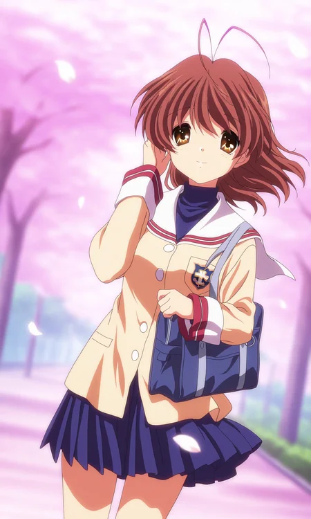 (masterpiece), (best quality), (intricate details, very aesthetic), absurdres, highres, cinematic light, newest, 2023, 1girl, <lora:anime_screencap:1>, anime screencap, anime coloring, furukawa nagisa, clannad, cherry blossoms, blurry background, falling petals, tree, outdoors, street, dutch angle, brown hair, antenna hair, school uniform, pleated skirt, wind, floating hair, adjusting hair, school bag, holding school bag, looking at viewer, light smile, cowboy shot, general