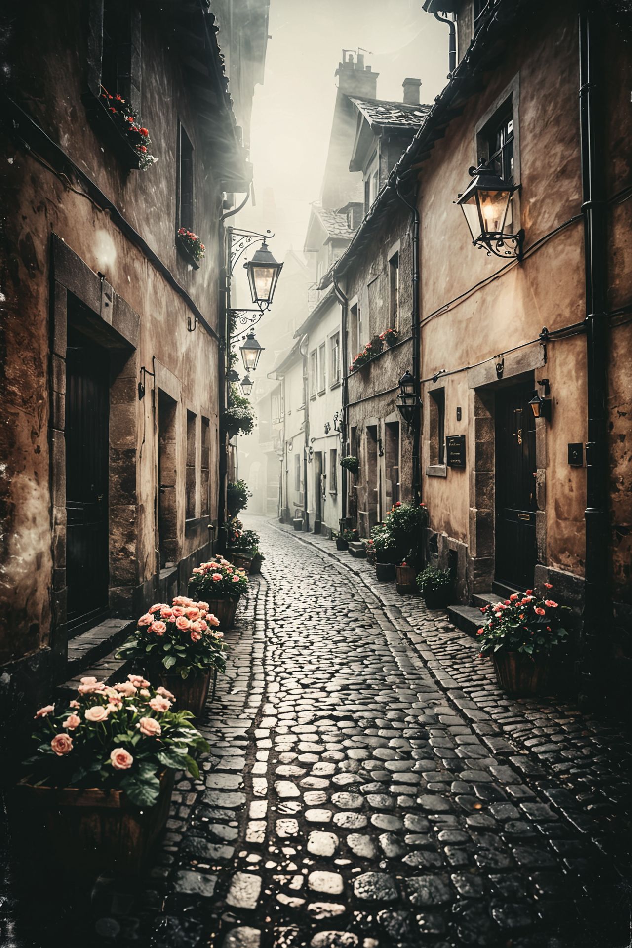Narrow cobblestone street in an old European village, quaint houses with flower boxes, lanterns casting warm light, early morning mist 
,  <lora:CBS_novuschroma37 style_b:1> novuschroma37 style, style of experimental photography, double exposure