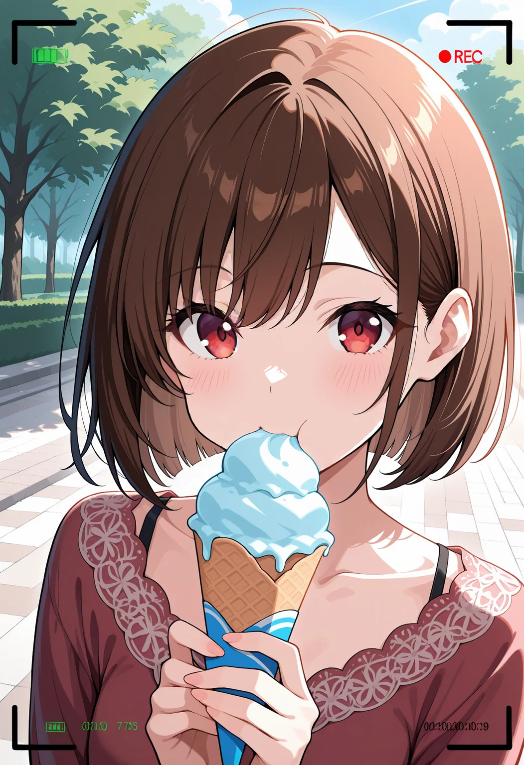 1girl, brown hair, bob, casual wear,
outdoor, park, eating ice cream, close up, looking at viewer, dynamic angle, day time,
cam3rafram3, black frame, REC symbol, timestamp, battery icon, HUD overlay, focus markers,
masterpiece, best quality, absurdres, newest, perfect quality, detailed background, intricate details, great lighting