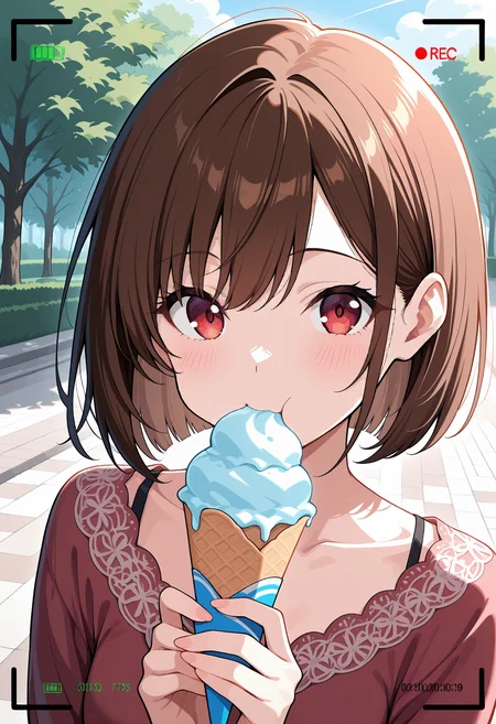 1girl, brown hair, bob, casual wear,
outdoor, park, eating ice cream, close up, looking at viewer, dynamic angle, day time,
cam3rafram3, black frame, REC symbol, timestamp, battery icon, HUD overlay, focus markers,
masterpiece, best quality, absurdres, newest, perfect quality, detailed background, intricate details, great lighting