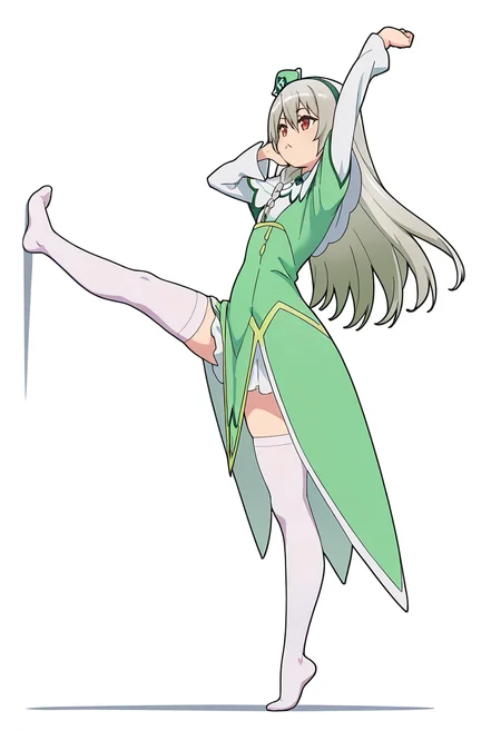 Smooth Quality,masterpiece,very intricate, high quality details, ultra realistic, high detailed skin,detailed enviorement,absurdres,
hand on own cheek,
<lora:Ange_Maidena_CNR:0.8> ange_cnr, green_cnr, 1girl, grey hair, red eyes, long hair,green hairband, side braid, single braid, hair between eyes, green dress,capelet, long sleeves, thighhighs, hat,, simple background, white background, from side,
stretching pose, arms raised above head, one foot on tiptoe, slight back arch, elegant silhouette, ,, :<,