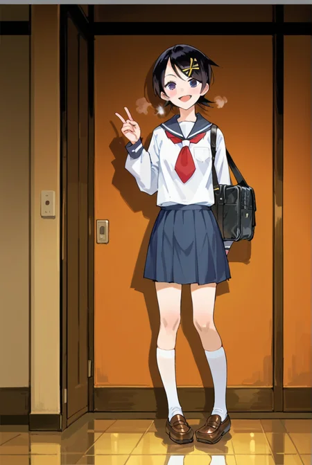 score_9, score_8_up, score_7_up, best quality, masterpiece, source_anime, anime screenshot,  BREAK,  1girl, school uniform, fuuka kakfuka, <lora:fuuka_kafukaz:1> in class room, Standing, pretending to smell a big flower,