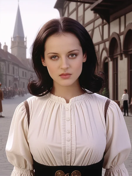 score_9, score_8_up, score_7_up,detailed, cinematic, focus, bokeh, (portrait), face focused, Michell3W1ld, Michelle Wild, <lora:Michell3W1ld-pony:1>, 1girl, mid shot, peasant shirt, dark hair, bobbed hair, ultra detailed, 8k, skin pores, grain, photograph, historic, 1990s film, analog, film, medieval, outside, peasant, cityscape, fantasy aesthetic,