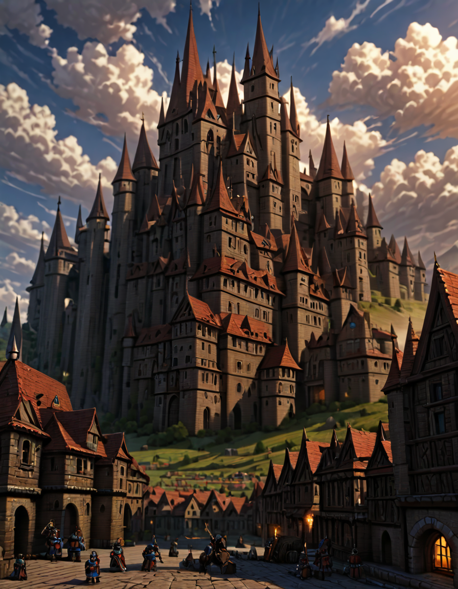 <lora:MW_Minis02xlc:1> m1md, medieval, epic, epic details, epic scale, absurdres, outdoors, medieval city, tiny knights, sky, towers, clouds,