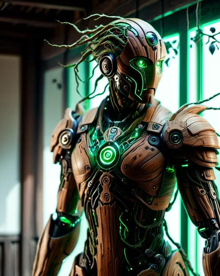 Hyperrealistic art cinematic film still photography in the style of detailed hyperrealism photoshoot, a wandering wooden android warrior that is a combination of wood and micro electronics, glowing green eyes, (his wooden body plates has electronic green glowing veins:1.3), covered in glowing roots and wires and vines, small green gems, he holds an ancient scimitar at the ready, set in an ancient town made of wooden and stone, bold lines, hyper detailed, shallow depth of field, vignette, highly detailed, high budget, bokeh, cinemascope, moody, epic, gorgeous, film grain, grainy, extremely high-resolution details, photographic, realism pushed to extreme, fine texture, incredibly lifelike,<lora:sd_xl_dpo_lora_v1:1.0>,  <lora:NaturePunk_SDXL:1.0>, Naturepunk,   <lora:Bio-Luminescence:1> bioluminescent, glowing