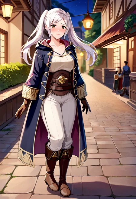 score_9, score_8_up, score_7_up, score_6_up, source_anime,medieval, outdoors,street_background,village,night,
<lora:femaleRobin_def:1>,RobinF_def, robin \(female\) \(fire emblem\),twintails, white hair, long hair, brown eyes,brown gloves,robe, pants, long sleeves,boots, large breasts, (sweat,blush:1.3), nervous smile,full body,
