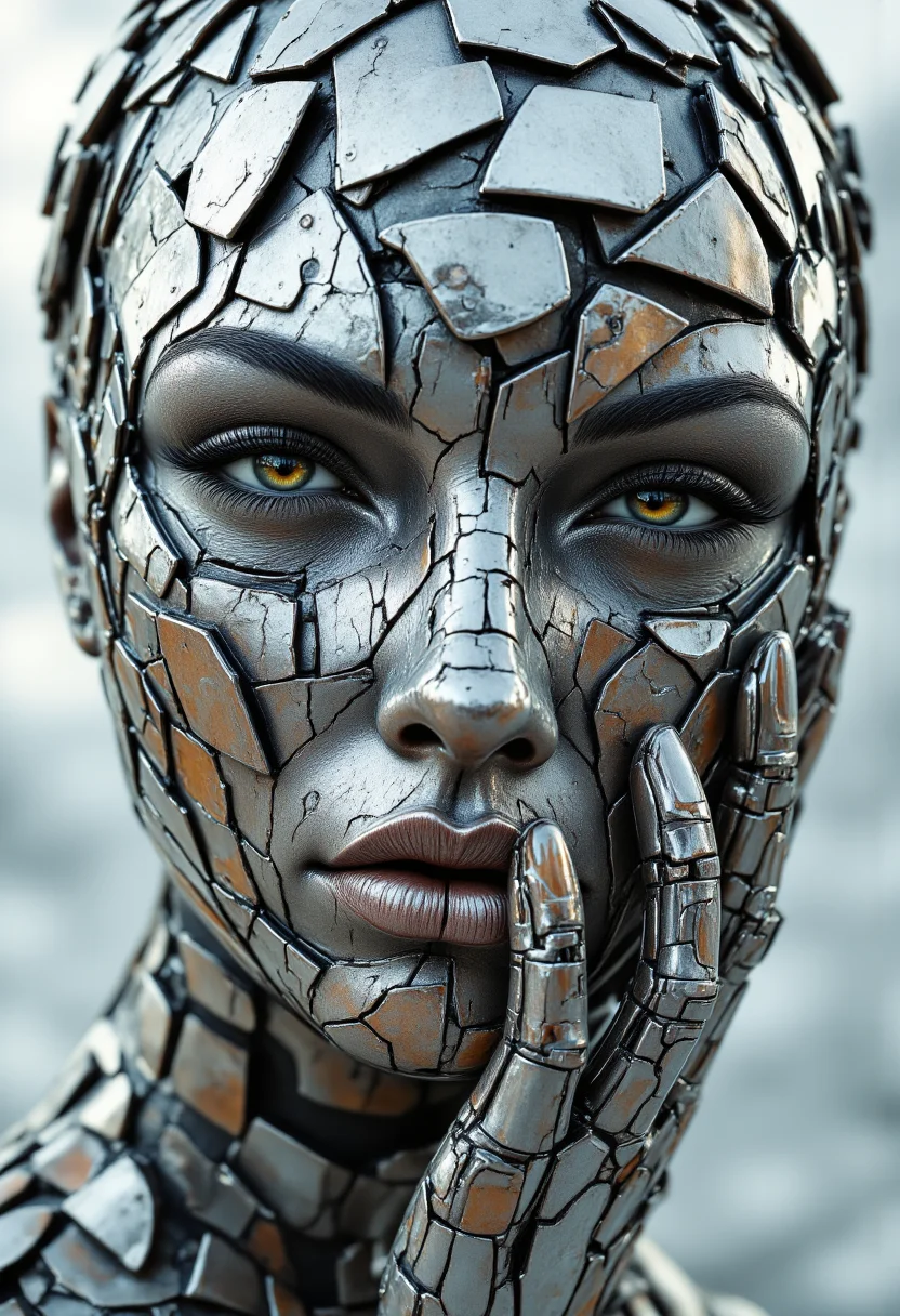 A striking fusion of organic and mechanical perfection, the full-body cyborg woman emerges as a mesmerizing symphony of artistry and precision. Her form is a breathtaking collage—an intricate dance between geometric abstraction and cubist distortions, evoking the surreal craftsmanship of Jan Švankmajer. Every metallic contour, every synthetic joint, pulses with life, illuminated by an exquisite interplay of light and shadow.
Her presence is bold yet haunting, captured with hyperrealistic detail in a stunning homage to the visionary strokes of Enki Bilal. The textures gleam under the studio lights—metal, ceramic, and bio-synthetic skin converging in a divine masterpiece, each element an extension of futuristic elegance. The composition is luscious and mesmeric, luring the viewer into an irresistible dreamscape where technology and humanity blur.
As the lens zooms in, the macro photography of Miki Asai unveils the hyper-detailed intricacies—a whispered testament to the sharp craftsmanship defining each rivet, each delicate imperfection. The entire image resonates with an ethereal, almost hypnotic quality, capturing a sense of raw emotion infused within steel. Trending across ArtStation, its impact is undeniable—a glorious vision of transcendence, elegance, and cybernetic allure.
