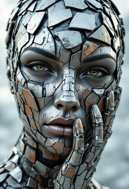 A striking fusion of organic and mechanical perfection, the full-body cyborg woman emerges as a mesmerizing symphony of artistry and precision. Her form is a breathtaking collage—an intricate dance between geometric abstraction and cubist distortions, evoking the surreal craftsmanship of Jan Švankmajer. Every metallic contour, every synthetic joint, pulses with life, illuminated by an exquisite interplay of light and shadow.
Her presence is bold yet haunting, captured with hyperrealistic detail in a stunning homage to the visionary strokes of Enki Bilal. The textures gleam under the studio lights—metal, ceramic, and bio-synthetic skin converging in a divine masterpiece, each element an extension of futuristic elegance. The composition is luscious and mesmeric, luring the viewer into an irresistible dreamscape where technology and humanity blur.
As the lens zooms in, the macro photography of Miki Asai unveils the hyper-detailed intricacies—a whispered testament to the sharp craftsmanship defining each rivet, each delicate imperfection. The entire image resonates with an ethereal, almost hypnotic quality, capturing a sense of raw emotion infused within steel. Trending across ArtStation, its impact is undeniable—a glorious vision of transcendence, elegance, and cybernetic allure.
