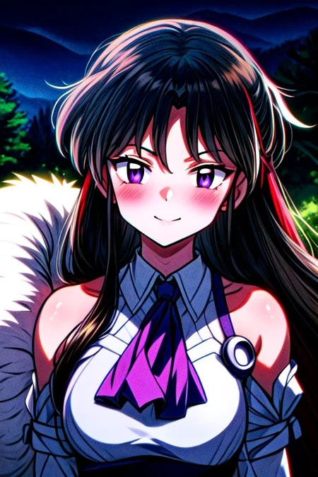 masterpiece, best quality 1girl Setsun4 solo long hair, (night time) forest background black hair very long hair purple eyes multicolored hair armor (fur trim) (medium body),<lora:EMS-179-EMS:0.800000>,<lora:EMS-293862-EMS:0.800000> bow, hair_bow, hair_tubes, red_bow, brown_hair, long_hair, bangs, ascot, frilled_bow, yellow_ascot, blush, smile, hair_between_eyes, athletic