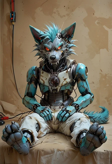 (((Barefoot furry character, full body, cinematic setting, furry male, plantigrade)))
(((Gilliam))), wolf boy, white pajama, ((wired, hijacked, hacked, corrupted, reprogrammed, brainwashed, mindwiped, )), sitting, spread legs, m pose, nice metalic feet paws, ((nice robotic feet paws)), three toes, claws, pawpad, determined look, (((restrained))), tilted head, drooling
BREAK
(((gilliam wolf, evil eye, sharp, red fluff tail, cyan hair, robot, cybernetic wolf, metallic))), (((screens with matrix code)))
BREAK, intricate details, highly detailed, extreme detail, octane render, fine art, best quality, highres, (detailed face:1.5), ((full_body)), UHD, (((perfect hands))), low light