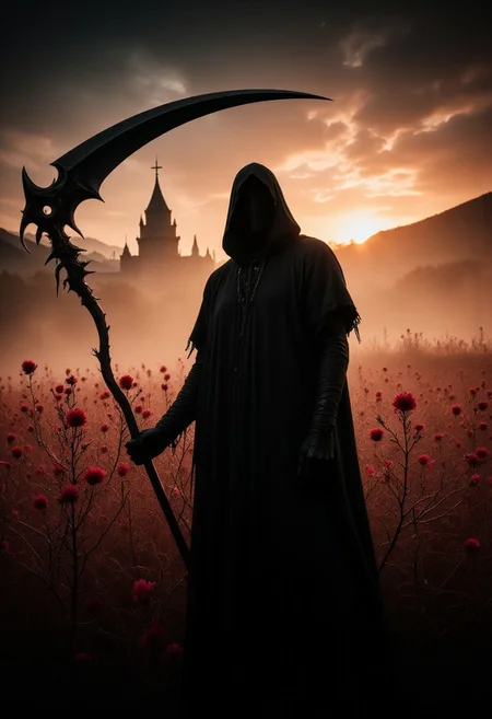 Grim reaper in foreground, wielding scythe, an image with an photorealistic low angle shot of an dense flower meadow in dark-beige and sand-red colors, the bottom of the image is black and a gradient to the top of the image where the meadow is, highly detailed infront of a moody sundawn,