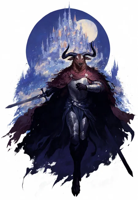 masterpiece, best quality, newest, very aesthetic, absurdres, very awa, b8bbl3w0lf, forest, night, (moon), castle, medieval, fantasy, solo, male focus, furry, bull, horn, brown body, full armor, fur cape, fluffy, detailed fur, holding sword, dynamic pose, (transparent background), white background, blending, minimalism