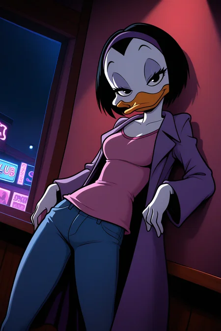 masterpiece, best quality, amazing quality, absurdres, solo, kay-k, smile, duck girl, dutch angle, standing, looking at viewer, half-closed eyes, leaning back, against wall, short black hair, purple hairband, white skin, purple coat, pink shirt, blue jeans, indoors, dark lighting, bar, night club