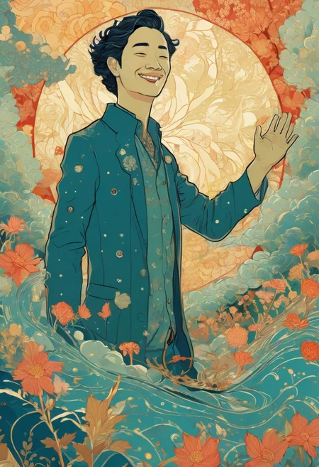 <lora:Victo Ngai Style:1>Victo Ngai Style - in vector style of dave arcade yuko shimizu james jean derek riggs, half body, front view, 1man, Tom Hank, hand up and waving for hello., from front, look at viewer, happy face, smile, open eyes, close mouth,