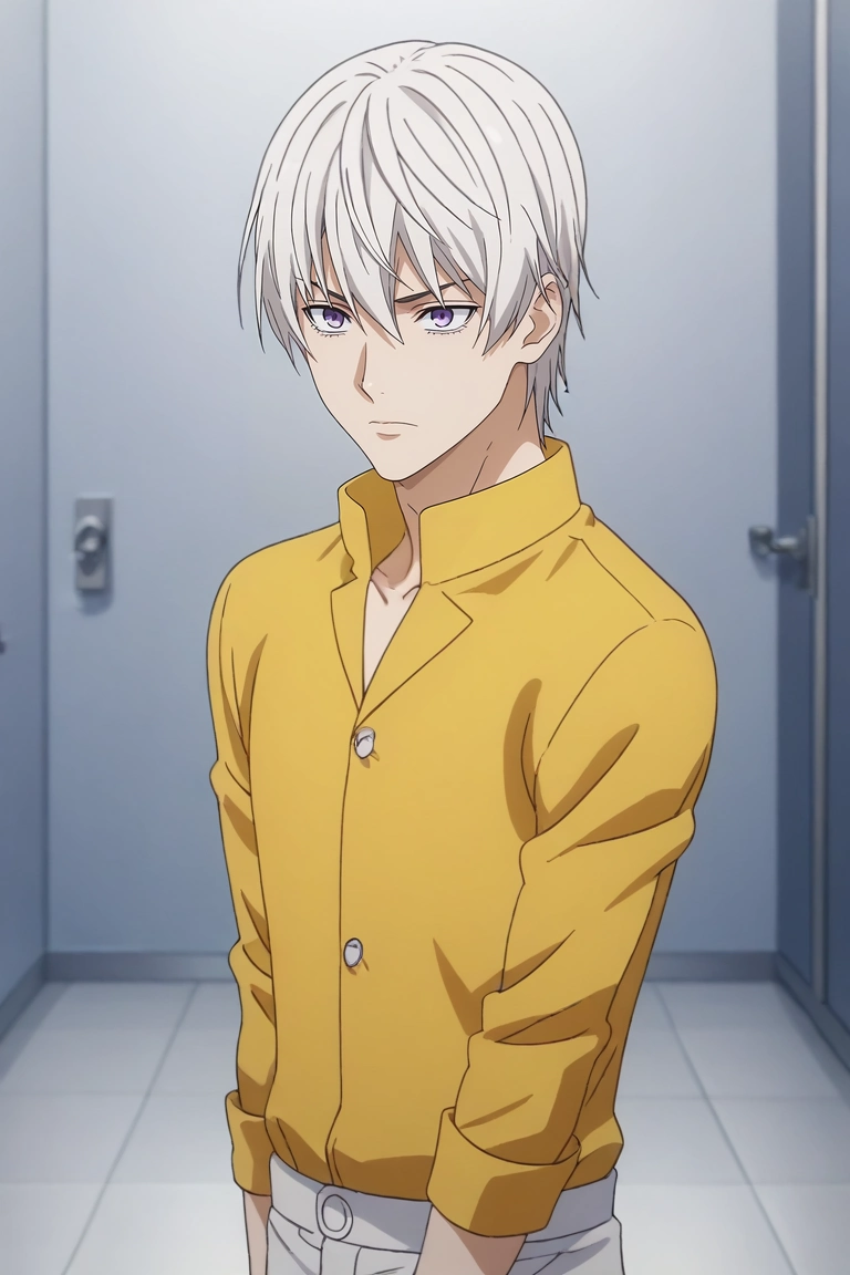 score_9, score_8_up, score_7_up, , rating_safe, , anime screencap, anime coloring, , , , 1boy, solo, male focus, <lora:eishi_tsukasa_pony:0.98>, eishi_tsukasa, white hair, purple eyes, short hair, hair between eyes, from afar, full body, hospital, light, jojo pose, nervous, , <lora:sdxl_lightning_8step_lora:1>