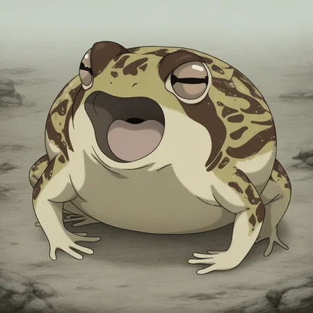 masterpiece, best quality, newest, absurdres, highres, anime, anime style, DRFTPFV1.0, frog, desert rain frog, african rain frog, animal, animal Focus, open mouth,