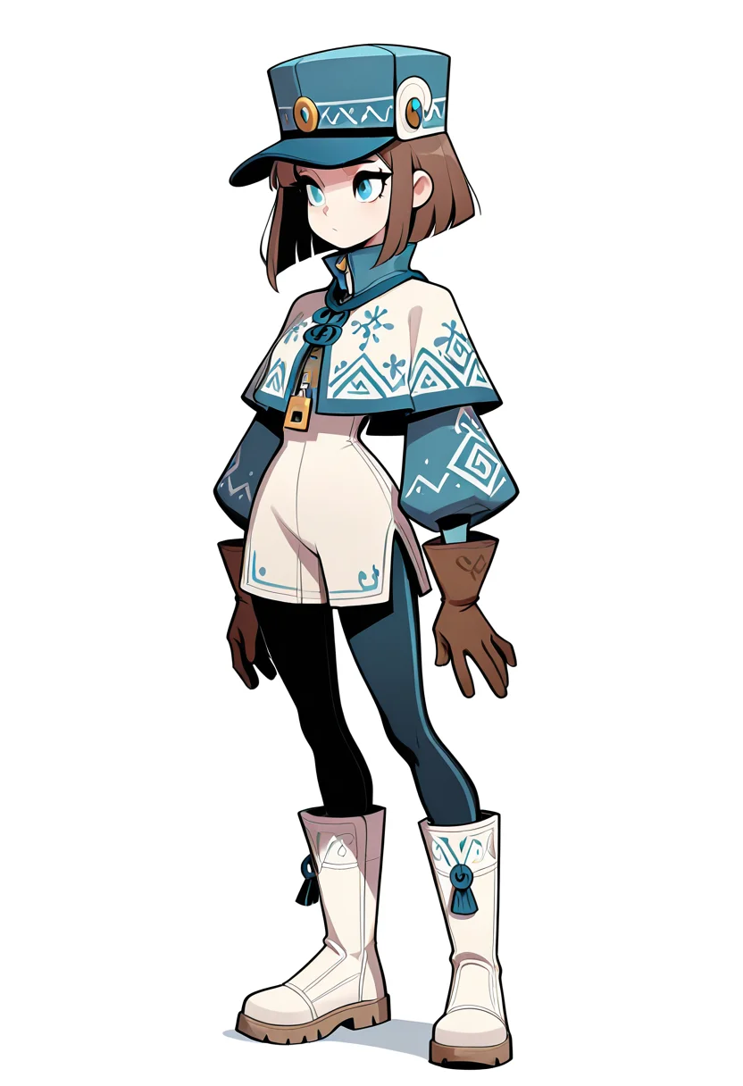 masterpiece, best quality, 1girl, solo, eyelashes, (beautiful eyes), solo, simple background, gloves, long sleeves, hat, white background, standing, full body, boots, capelet, white footwear, brown gloves, blue headwear, zipper, <lora:Style60_IXL:1.0>,