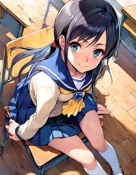 <lora:pony_xl_ayumi:0.8>,ayumi,score_9,score_8_up,score_7_up,source_anime,1girl,solo,looking at viewer,school uniform,serafuku,long sleeves,ascot,blue skirt,pleated skirt,kneehighs,wrinkling of clothes,white socks,uwabaki,shoes,classroom,chair,on floor,wooden floor,sitting_on_chair,knees_together_feet_apart,smile,front view,from_above,moody lighting,light and shadow,