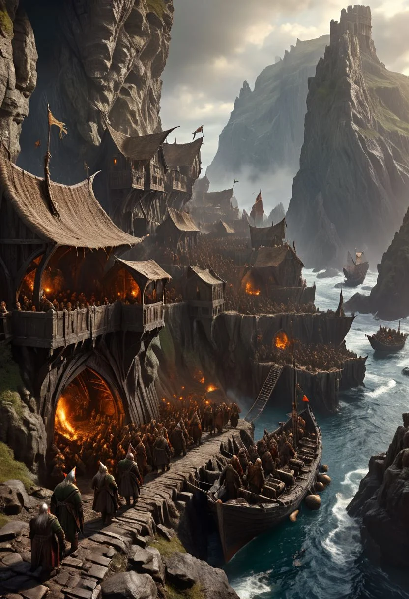 extremely detailed, hero shot, high detail, hires textures, incredibly detailed, intricate details, elaborate diorama, masterpiece, hyperrealism, masterpiece, cliff background, pleasant, stately, grimdark, a crowd of humans elves and dwarves disembark onto a settlement in a fantasy world with ancient-ships in the distant background
