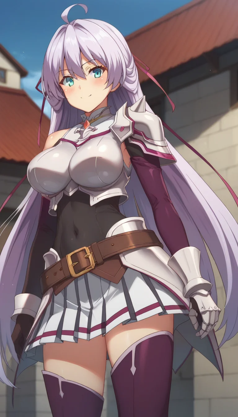 score_9,score_8_up,score_7_up,score_6_up BREAK official art,solo,outdoors,upper body,(portrait:1.5),looking at viewer,facing viewer,smile,blush,Kureha,ahoge,very long hair,light purple hair,hair ribbon,floating hair,hair between eyes,bangs,blue eyes,cape,shoulder armor,pauldrons,shoulder pads,armored dress,detached sleeves,elbow gloves,large breasts,breastplate,faulds,large breasts,covered navel,belt,miniskirt,white skirt,pleated skirt,zettai ryouiki,purple thighhighs,thigh boots,purple footwear,<lora:Kureha(rh)-Pony:1.5>,