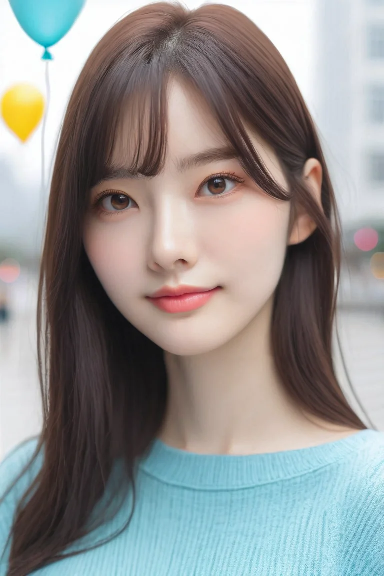 <lora:KimA-won-000001:1>, a stunning real large breasts Japanese woman with long, flowing dark hair, her piercing gaze directly addressing the viewer. balloon, sweater, brown eyes, looking at viewer, blurry, realistic, long sleeves, upper body, blurry background, lips, closed mouth, bangs, indoors, nose, depth of field, Realistic photograph, Movie light, film grain,score_9, score_8_up, score_7_up, 4k, high quality, (best quality:1.1), realistic, photorealistic, close-up, upper body, (ultra HD quality details), cyan sweater,