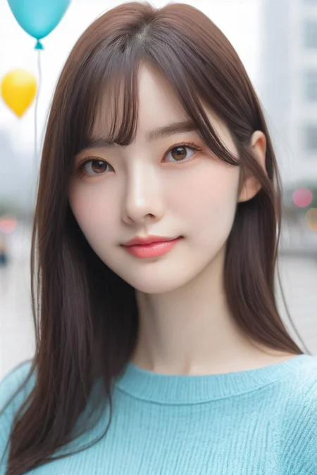 <lora:KimA-won-000001:1>, a stunning real large breasts Japanese woman with long, flowing dark hair, her piercing gaze directly addressing the viewer. balloon, sweater, brown eyes, looking at viewer, blurry, realistic, long sleeves, upper body, blurry background, lips, closed mouth, bangs, indoors, nose, depth of field, Realistic photograph, Movie light, film grain,score_9, score_8_up, score_7_up, 4k, high quality, (best quality:1.1), realistic, photorealistic, close-up, upper body, (ultra HD quality details), cyan sweater,