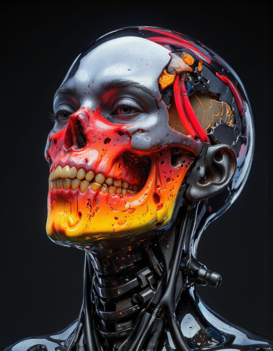 Delirium style. The image is a hyper-realistic, digital CGI rendering of a futuristic, biomechanical humanoid head. The subject's face is a fusion of organic and metallic materials. The head is primarily made of sleek, dark, polished metal with a glossy finish, giving it a high-tech appearance. The most striking feature is the skull, which has been replaced by a vibrant, glowing red and orange biomechanical structure. The skull's teeth are sharp and jagged, with the mouth open to reveal a glowing, pulsating interior that resembles a bio-luminescent, organic material. <lora:Bonafida.Studio:1>