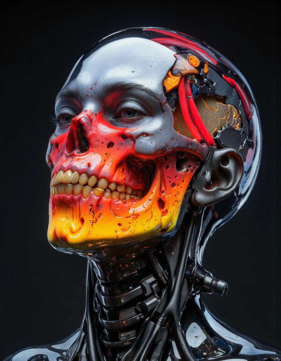 Delirium style. The image is a hyper-realistic, digital CGI rendering of a futuristic, biomechanical humanoid head. The subject's face is a fusion of organic and metallic materials. The head is primarily made of sleek, dark, polished metal with a glossy finish, giving it a high-tech appearance. The most striking feature is the skull, which has been replaced by a vibrant, glowing red and orange biomechanical structure. The skull's teeth are sharp and jagged, with the mouth open to reveal a glowing, pulsating interior that resembles a bio-luminescent, organic material. <lora:Bonafida.Studio:1>