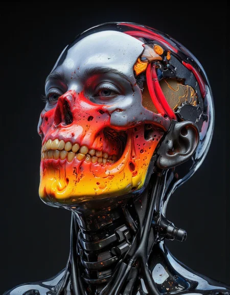 Delirium style. The image is a hyper-realistic, digital CGI rendering of a futuristic, biomechanical humanoid head. The subject's face is a fusion of organic and metallic materials. The head is primarily made of sleek, dark, polished metal with a glossy finish, giving it a high-tech appearance. The most striking feature is the skull, which has been replaced by a vibrant, glowing red and orange biomechanical structure. The skull's teeth are sharp and jagged, with the mouth open to reveal a glowing, pulsating interior that resembles a bio-luminescent, organic material. <lora:Bonafida.Studio:1>