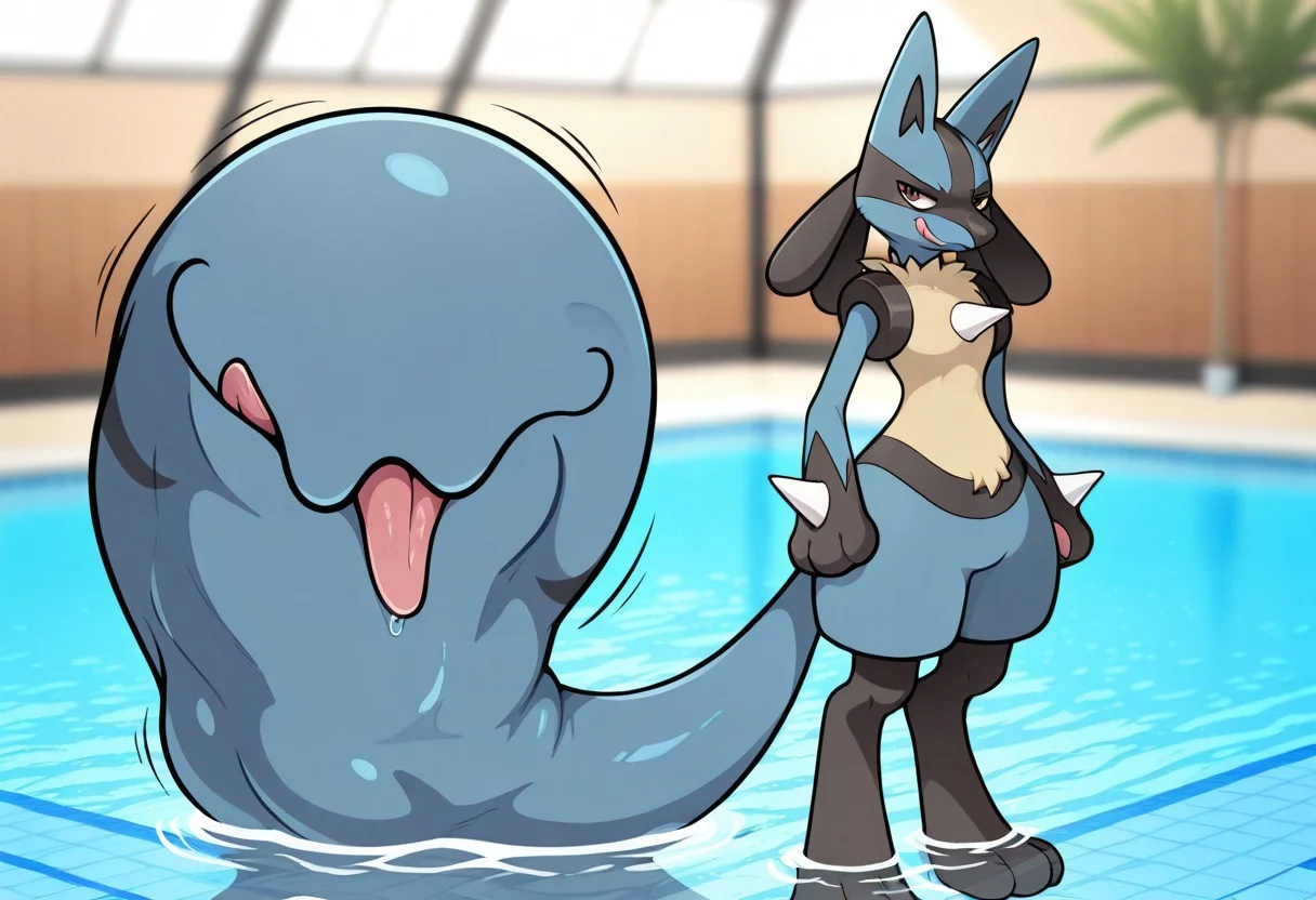v_tail, pokemon, lucario, standing, smug, licking lips, pool, tail bulge, depth of field, detailed background, masterpiece, best quality, high quality, absurdres, highres, incredibly absurdres, newest, amazing quality, body imprint in tail