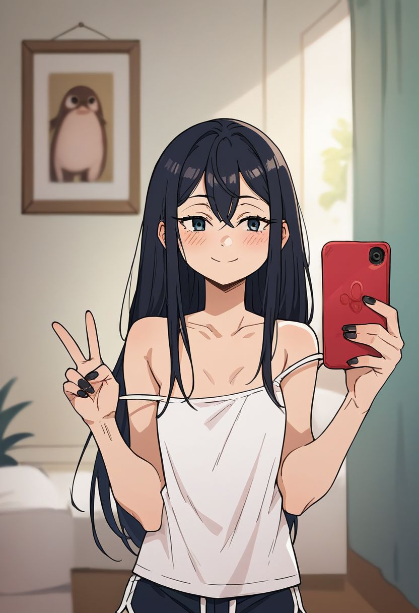 score_9, score_8_up, score_7_up, score_6_up, 1girl, 2d, heavy bold lines, expressive eyes, perfect face, tiny, small, short, petite, small body, small breasts, living room, depth of field, blurry background, innocent smile, long hair, black hair, dolphin shorts, spaghetti strap tanktop, holding phone, standing in front of mirror, solo, black fingernails, blushing, peace sign