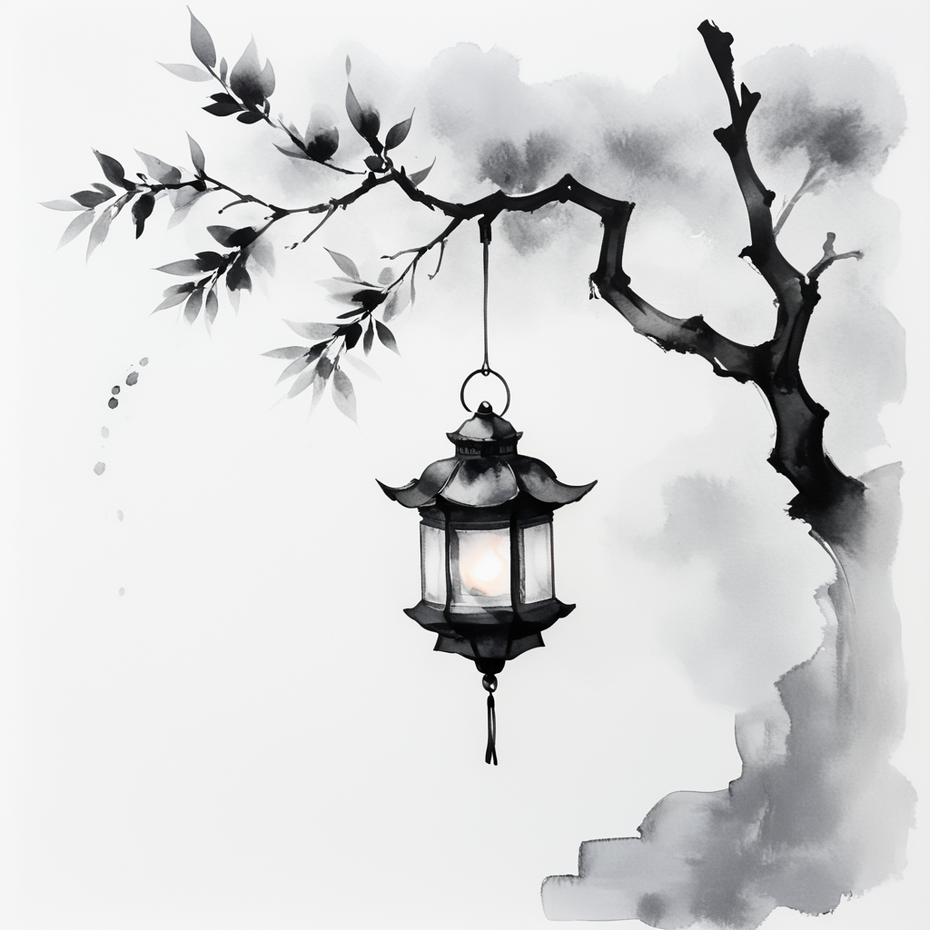 <lora:Zen_Ink_Wash_Sumi-eSDXL:1> ArsMJStyle, Zen Ink Wash Sumi-e, A simple lantern hanging from a tree branch, monochrome, greyscale, minimalistic, white background, no humans, traditional media, ink, solo, still life.
