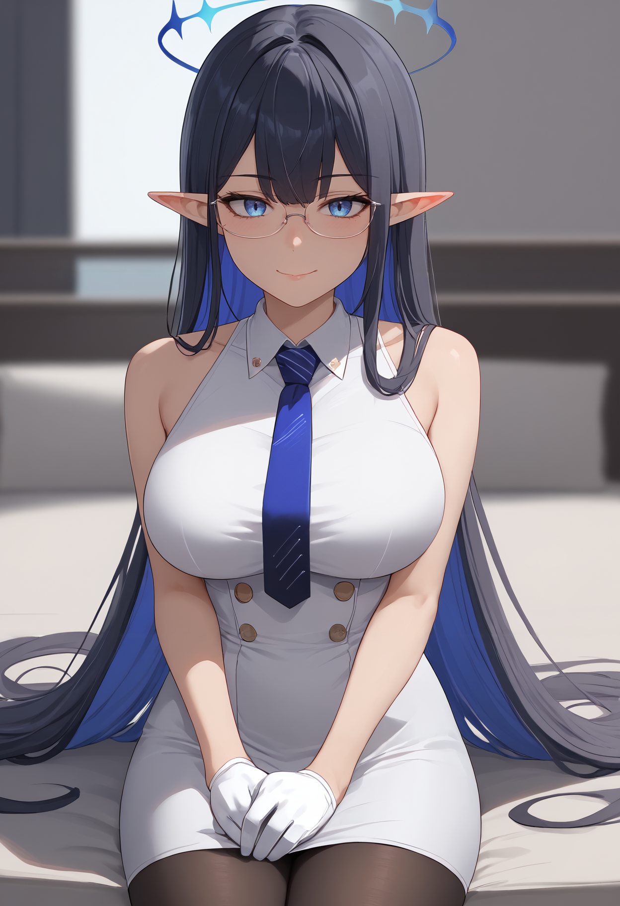score_9,score_8_up,score_7_up,score_6_up, <lora:rin_blue_archive_xl:0.8>rin ba, looking at viewer, solo, rimless eyewear, sleeveless dress, necktie, blurry, pointy ears, white dress, 1girl, black pantyhose, blurry background, shirt, bare shoulders, sleeveless, thighs, colored inner hair, white gloves, dress, very long hair, blush, arm support, gloves, bare arms, sitting, collared dress, glasses, pantyhose, large breasts, smile, closed mouth, blue necktie
