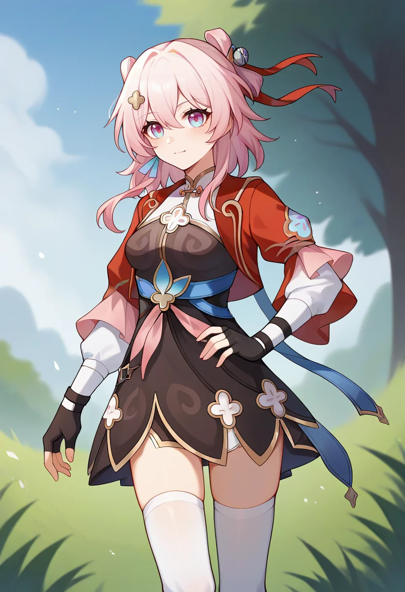 score_9, score_8_up, score_7_up, score_6_up, score_5_up, score_4_up,
1girl, march 7th \(honkai: star rail\), hair ornament, single earring, fingerless gloves, cropped jacket, red jacket, black dress, white thighhighs, hair ribbon, white shirt, breasts, hair bell,
solo, outdoors, cowboy shot, looking at viewer,
<lora:marchhuntponyxl:1>