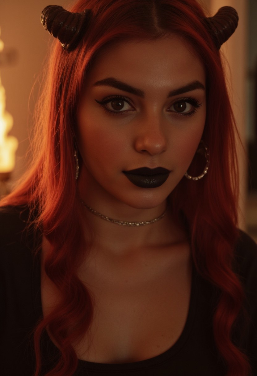 photorealistic shot of 1girl, long red hair, horns, dark eyes, black lipstick, glossy makeup, teardrop makeup, black latex outfit, choker, large earrings, fiery background, blurry background, warm lighting, indoor, detailed